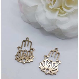 Breloque acier inoxydable doré main de Hamsa lotus – 17 x 11 mm