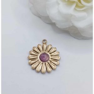 Breloque acier inoxydable doré fleur – 15 mm – Améthyste