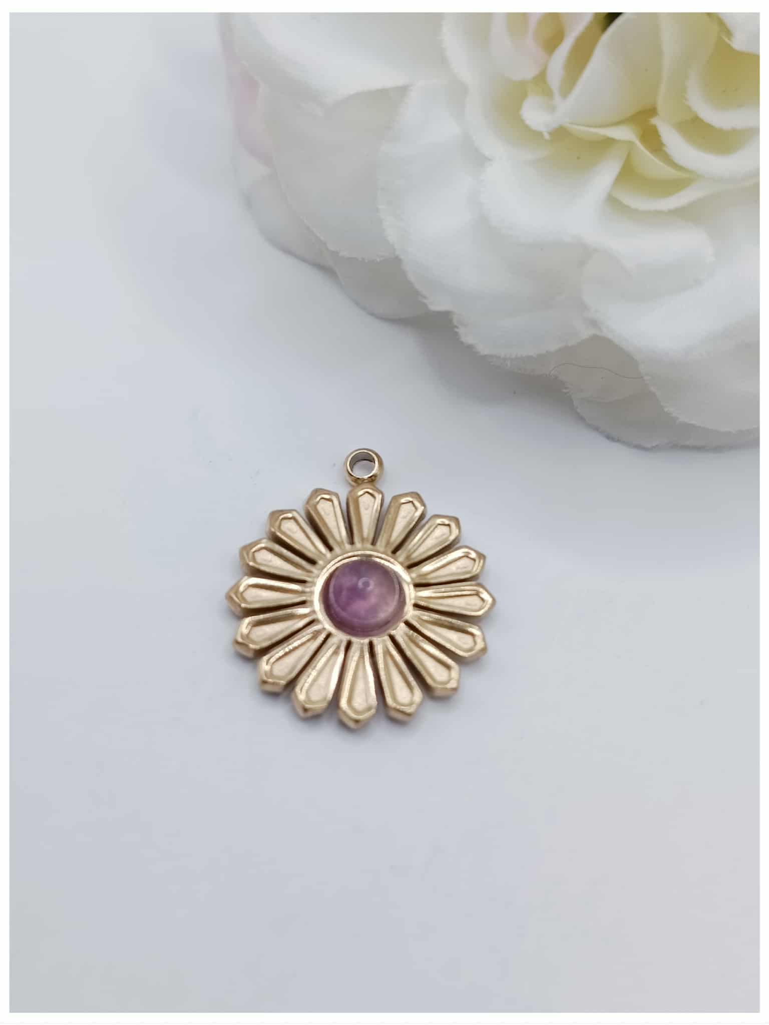 breloque acier inoxydable doré fleur 15 mm améthyste
