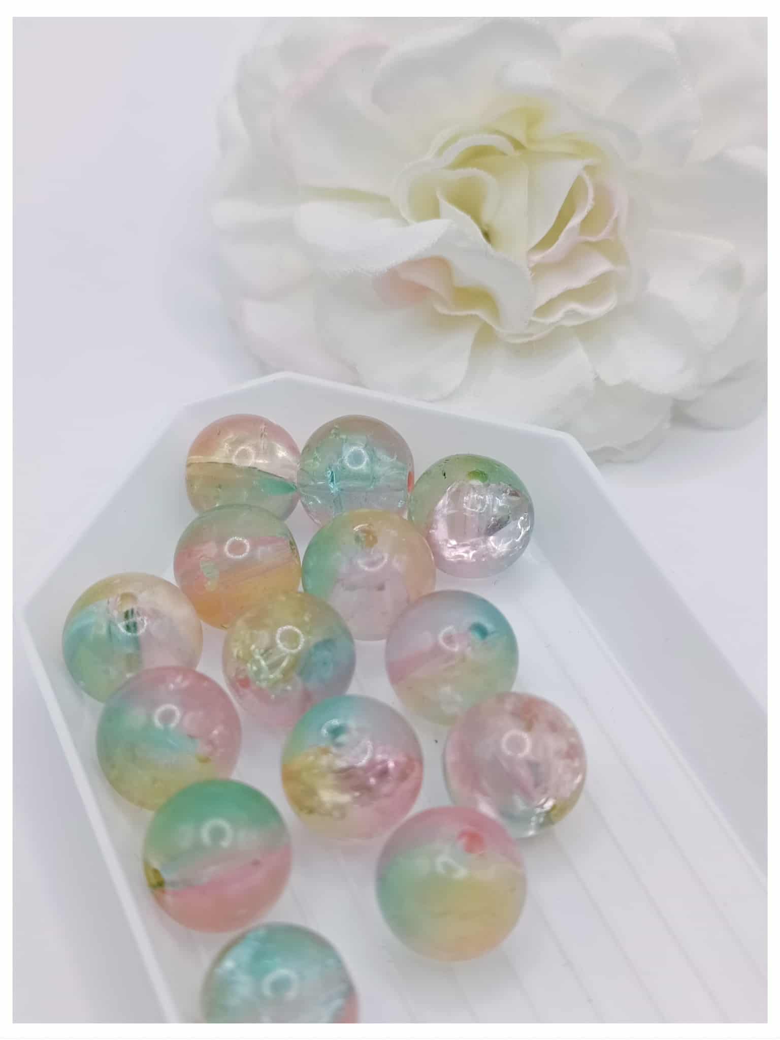 perle en verre craquelée 10 mm vert / rose / jaune