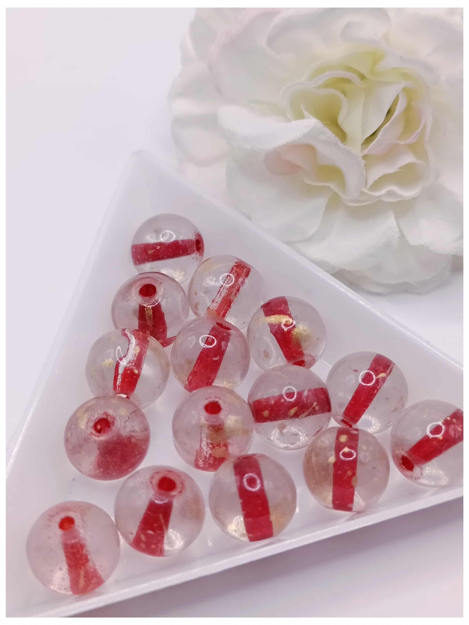 perles en verre ronde transparente 10 mm rouge doré