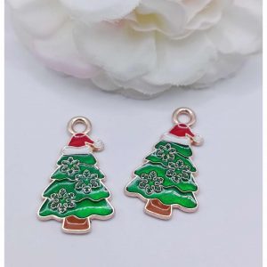 Breloque dorée émaillée sapin de Noël bonnet