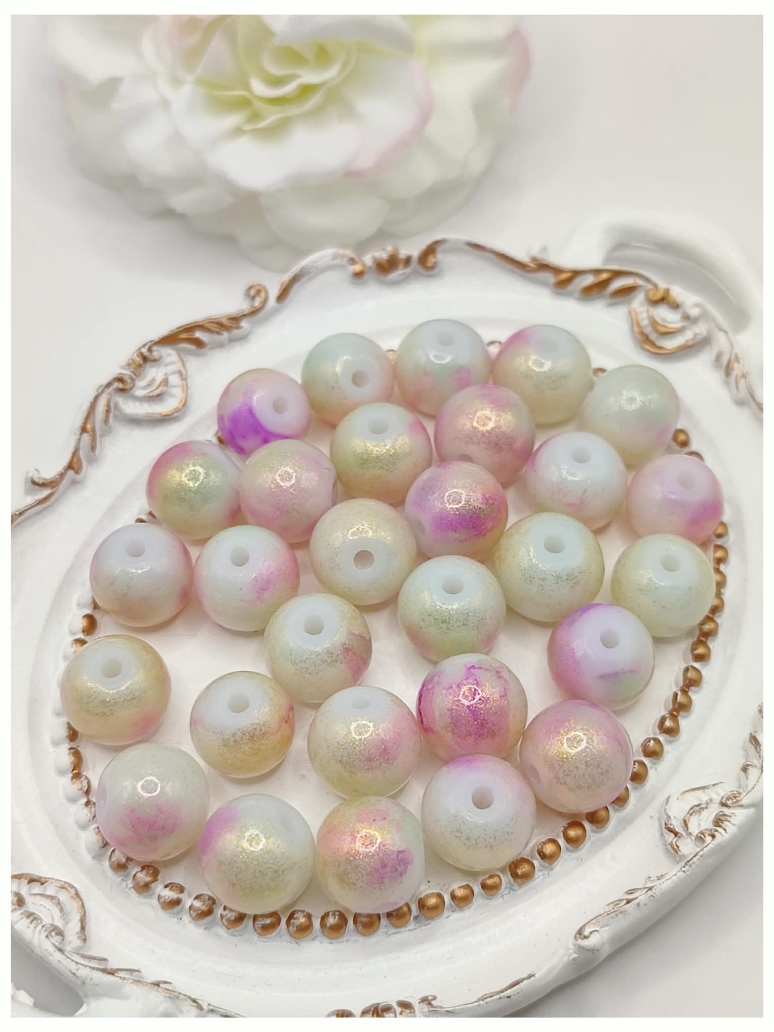 Perles en verre ronde trio - 10 mm - Blanc / Doré / Rose perles en verre ronde trio 10 mm blanc / doré / rose