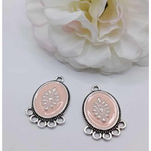 Connecteur argenté émaillé ovale rose