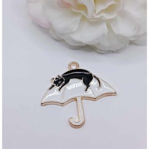 Breloque dorée émaillée chat noire parapluie